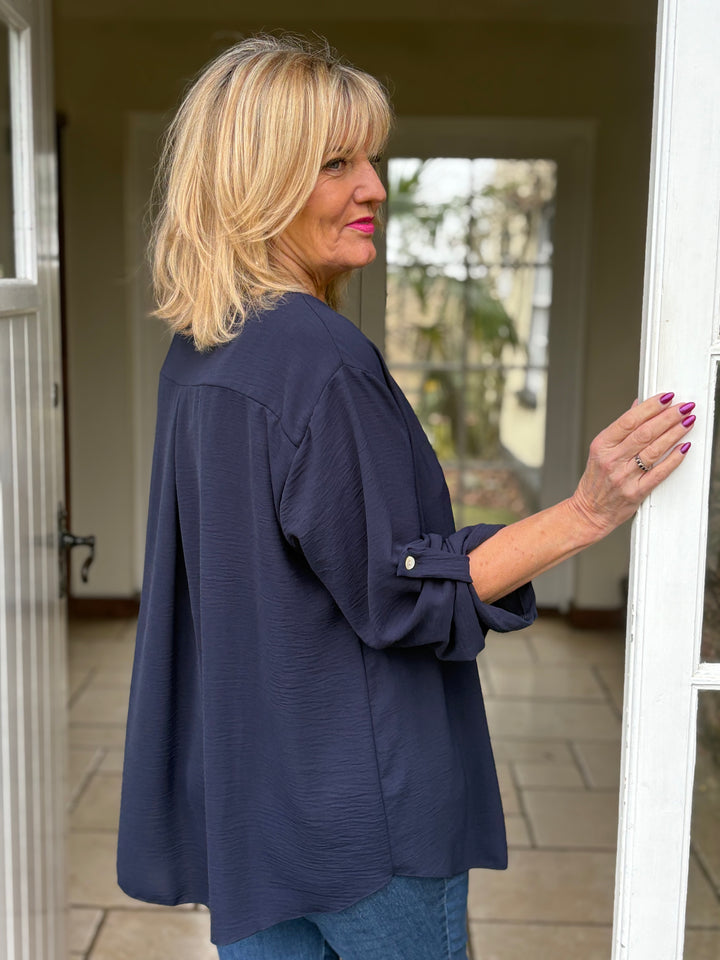 V-Neck Rolled Tab Sleeve Blouse | Navy