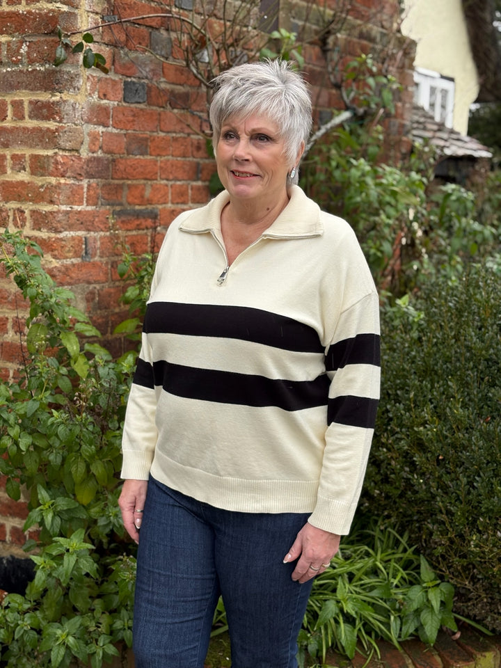 Funnel Neck Zip Stripe Jumper | Cream