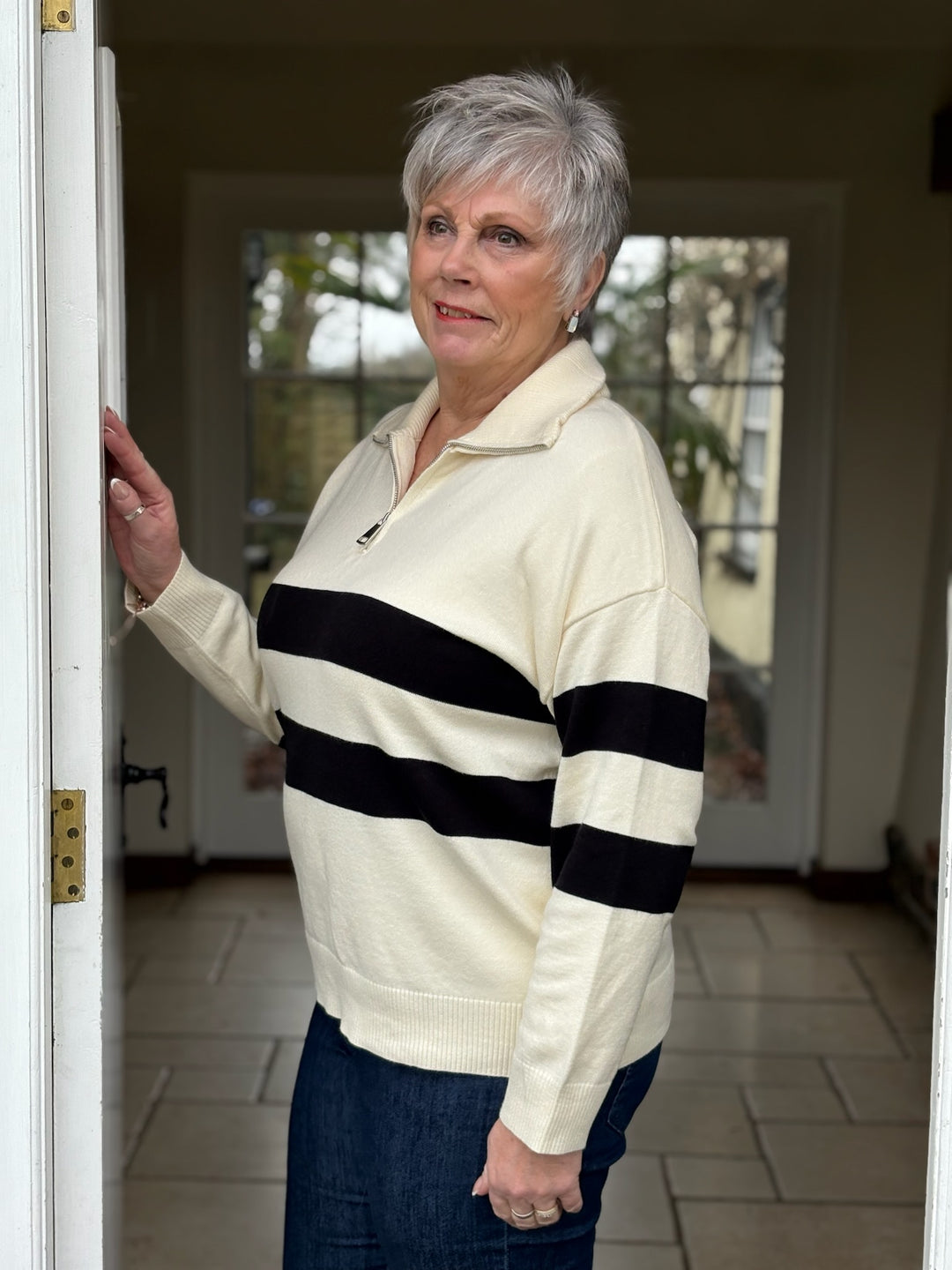 Funnel Neck Zip Stripe Jumper | Cream