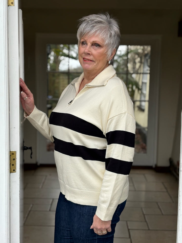 Funnel Neck Zip Stripe Jumper | Cream