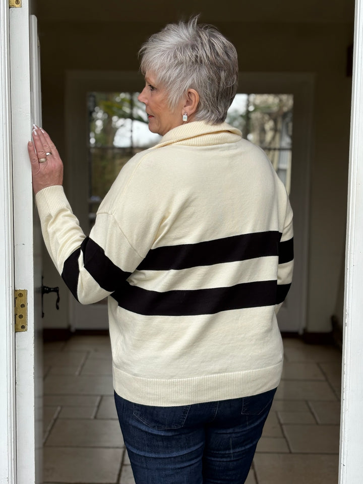 Funnel Neck Zip Stripe Jumper | Cream
