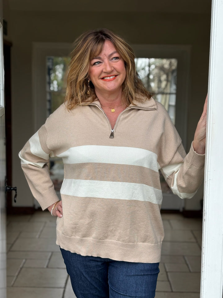 Funnel Neck Zip Stripe Jumper | Beige