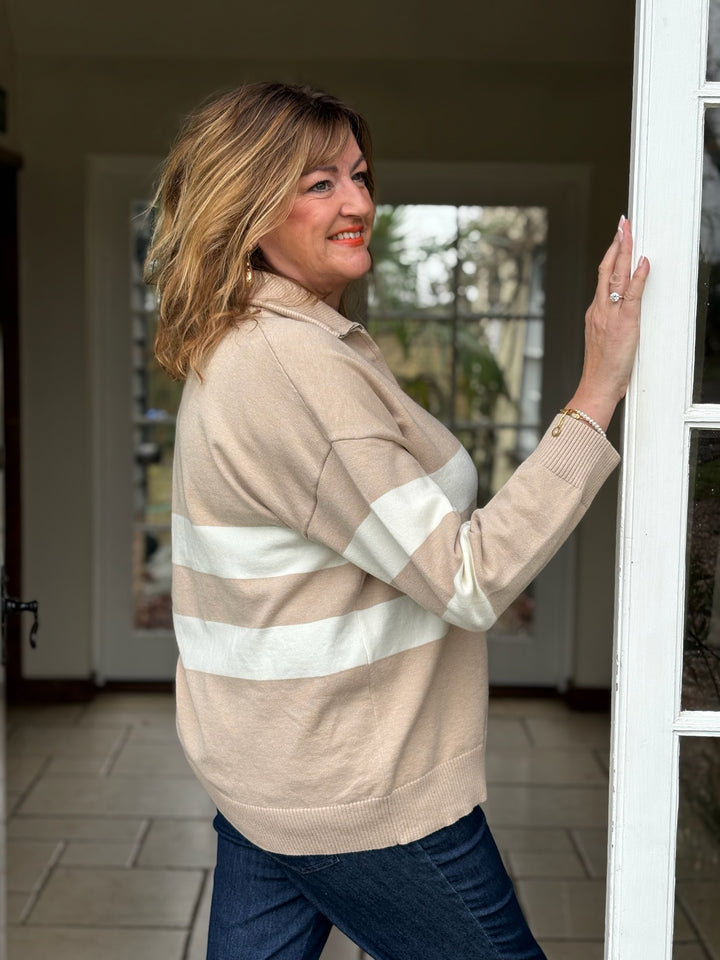 Funnel Neck Zip Stripe Jumper | Beige