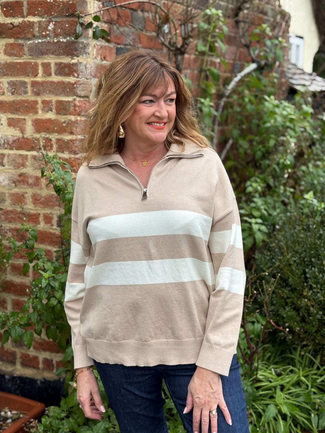 Funnel Neck Zip Stripe Jumper | Beige
