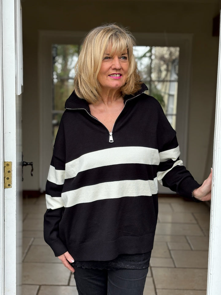 Funnel Neck Zip Stripe Jumper | Black