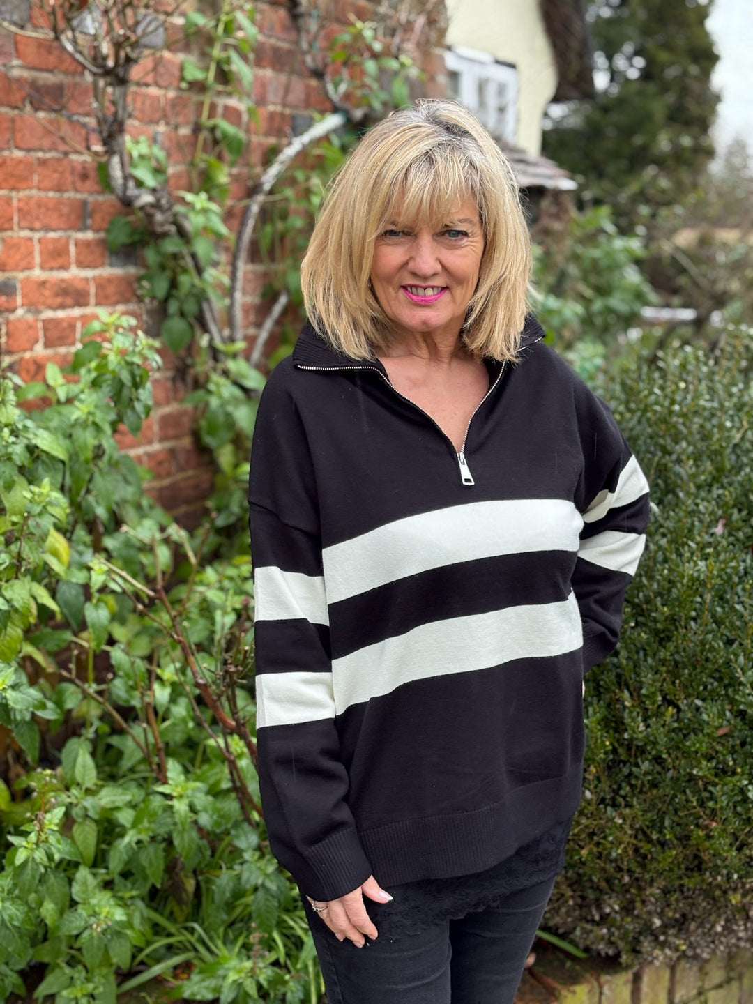 Funnel Neck Zip Stripe Jumper | Black