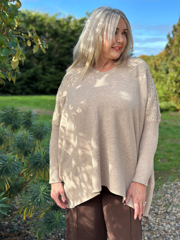 Floral Lace Batwing Jumper | Oatmeal
