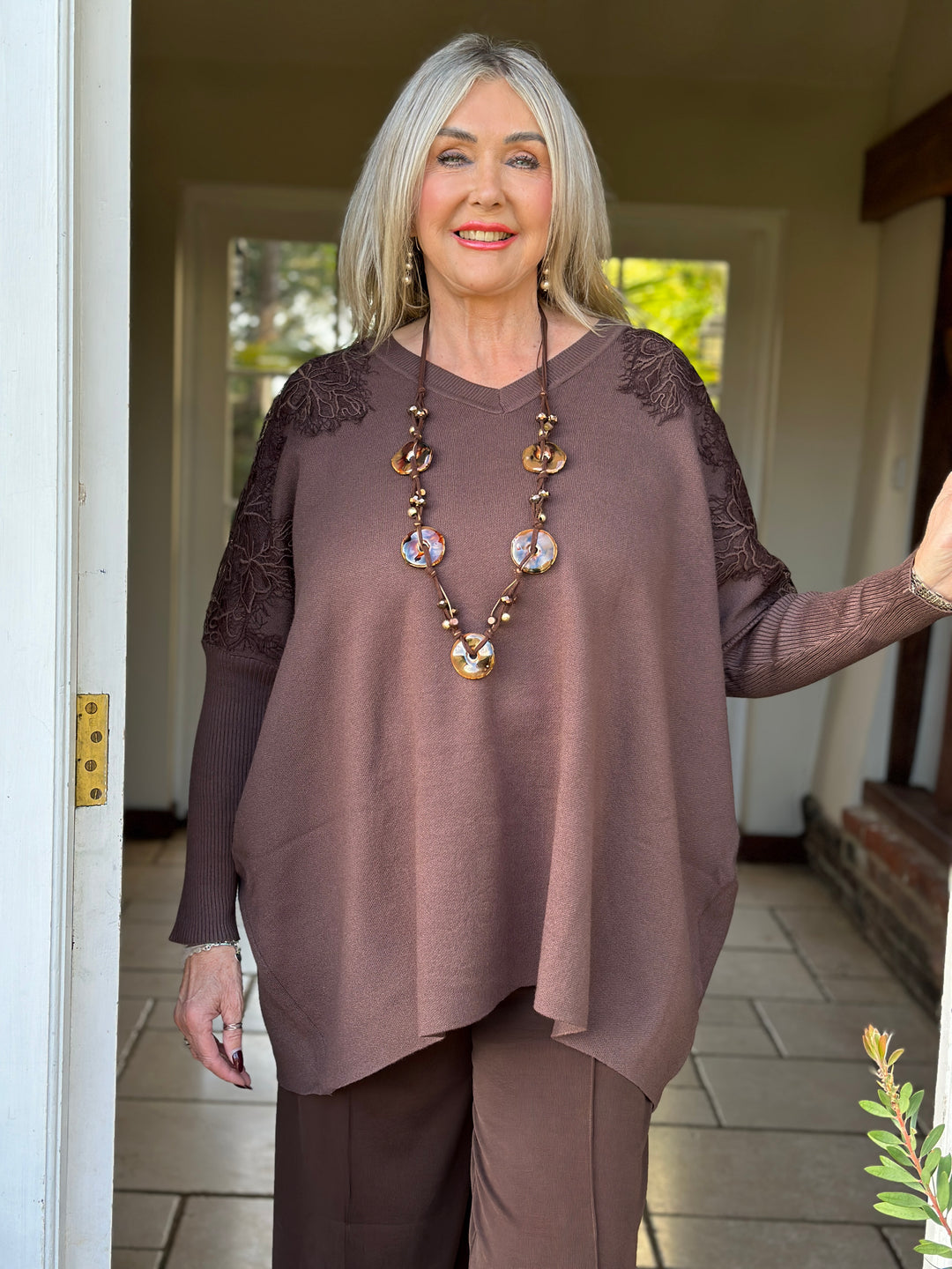 Floral Lace Batwing Jumper | Chocolate Brown
