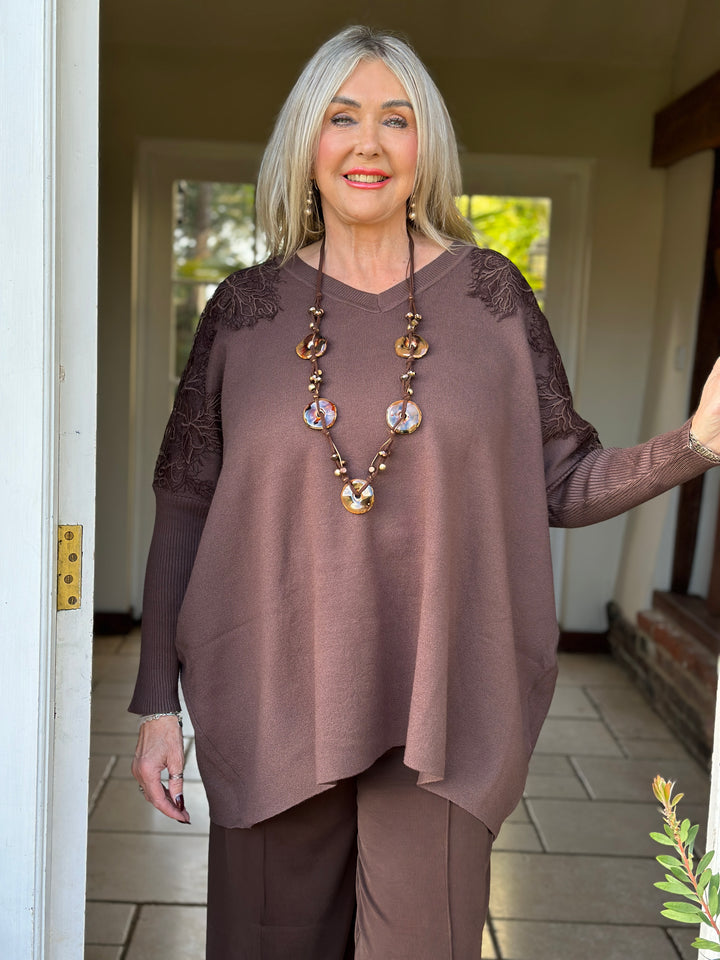 Floral Lace Batwing Jumper | Chocolate Brown