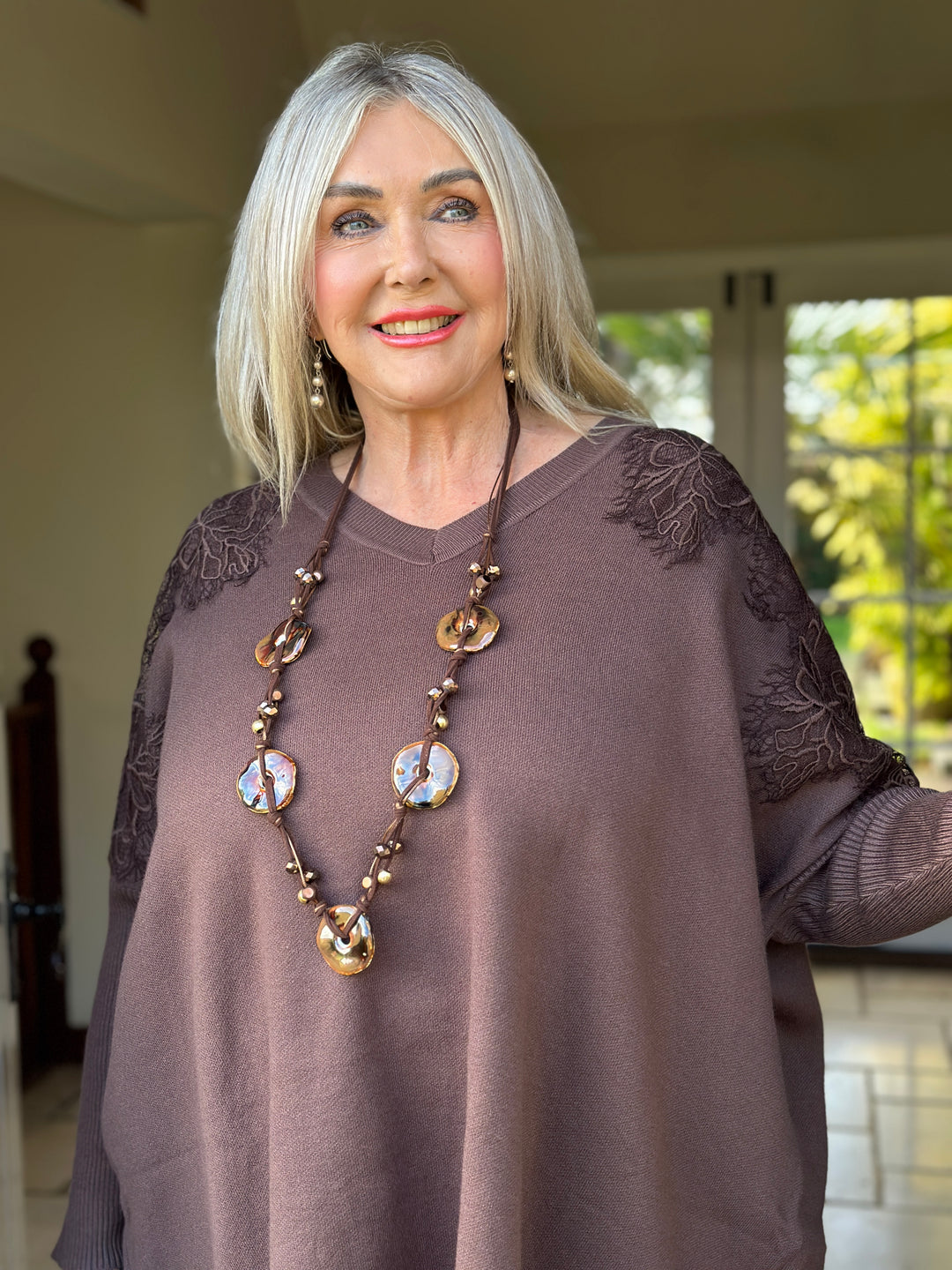 Floral Lace Batwing Jumper | Chocolate Brown