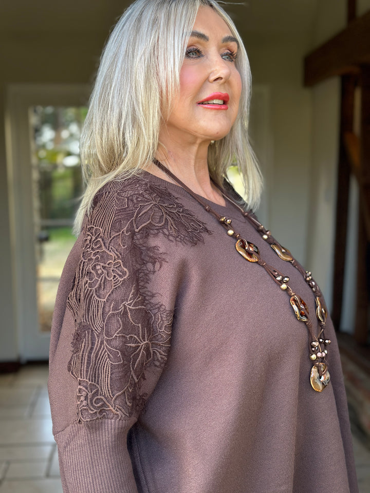 Floral Lace Batwing Jumper | Chocolate Brown