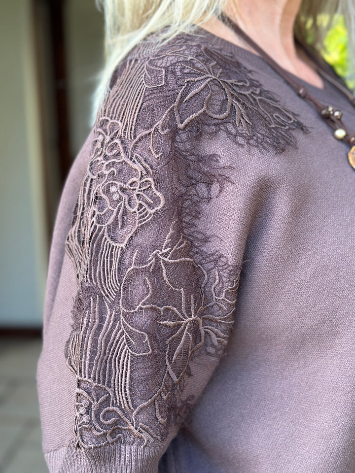 Floral Lace Batwing Jumper | Chocolate Brown