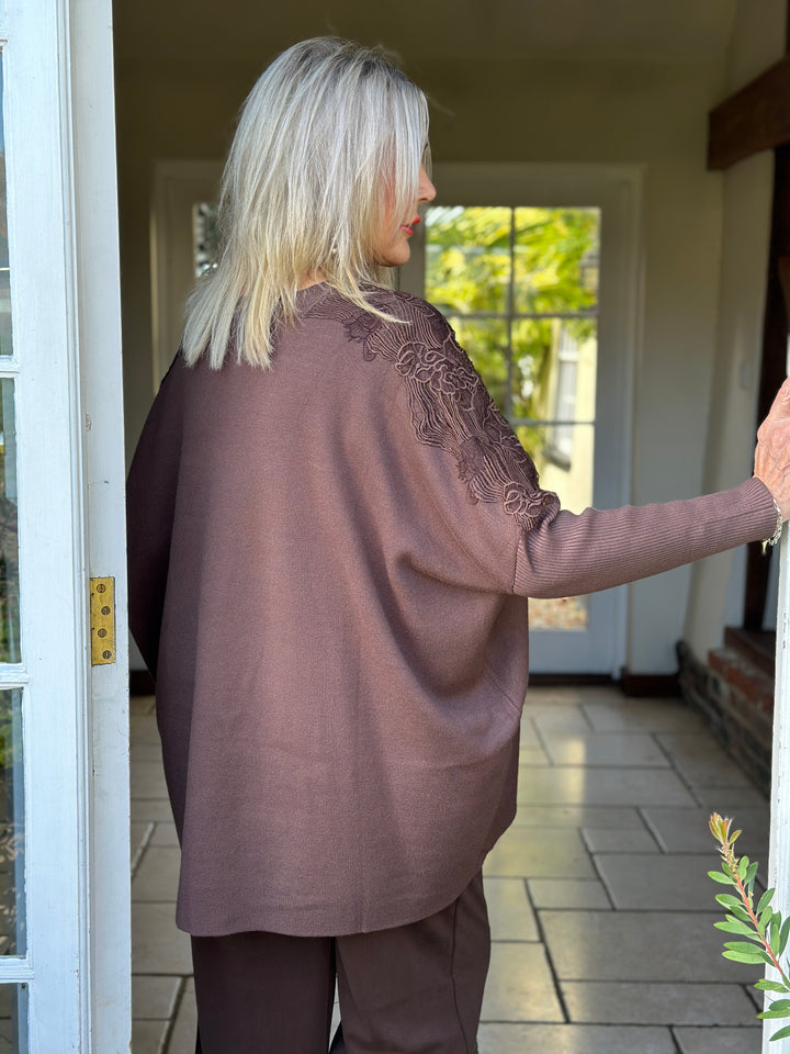 Floral Lace Batwing Jumper | Chocolate Brown