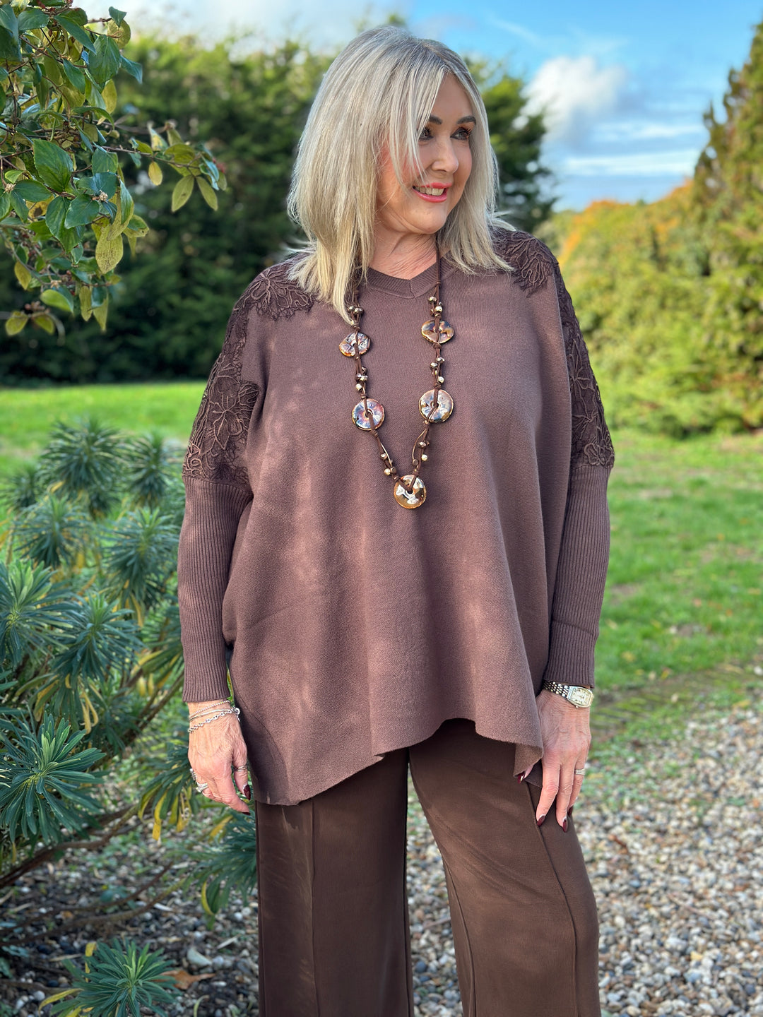 Floral Lace Batwing Jumper | Chocolate Brown