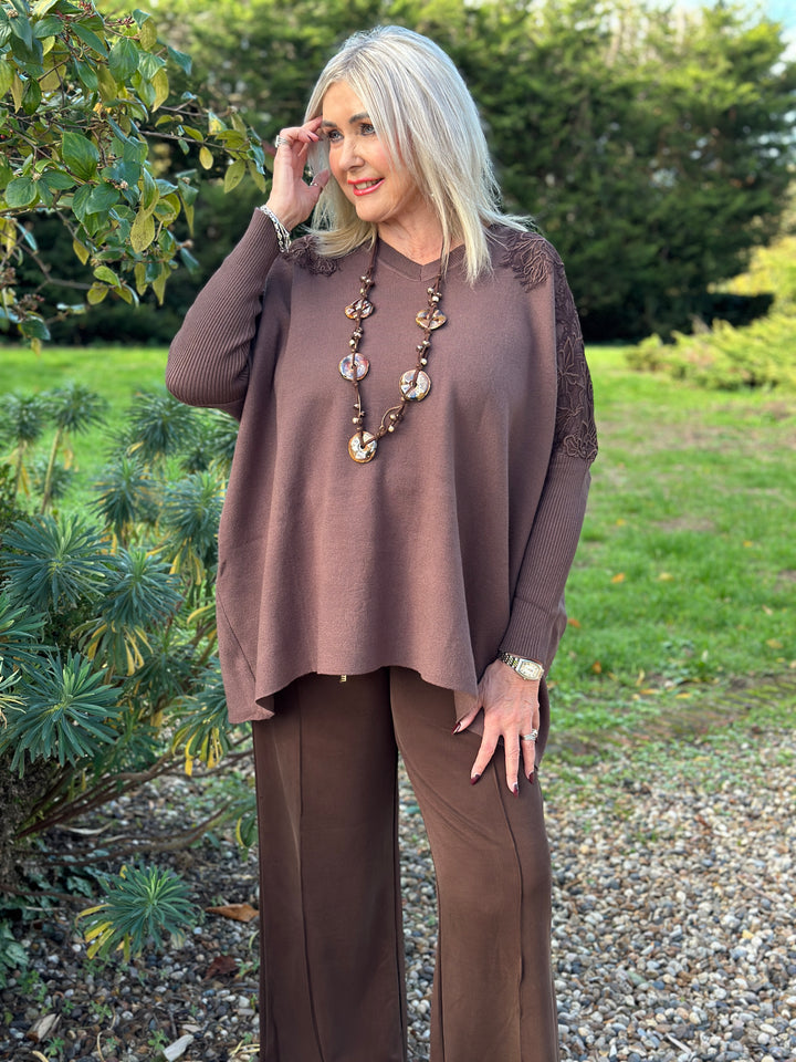 Floral Lace Batwing Jumper | Chocolate Brown