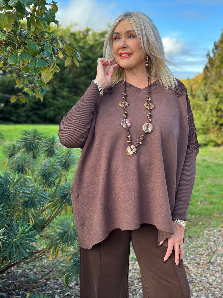 Floral Lace Batwing Jumper | Chocolate Brown
