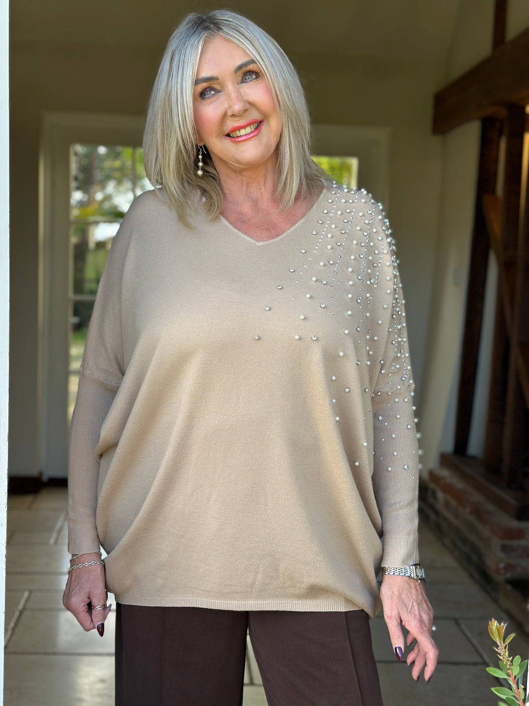 Pearl & Diamante Starburst Jumper | Camel