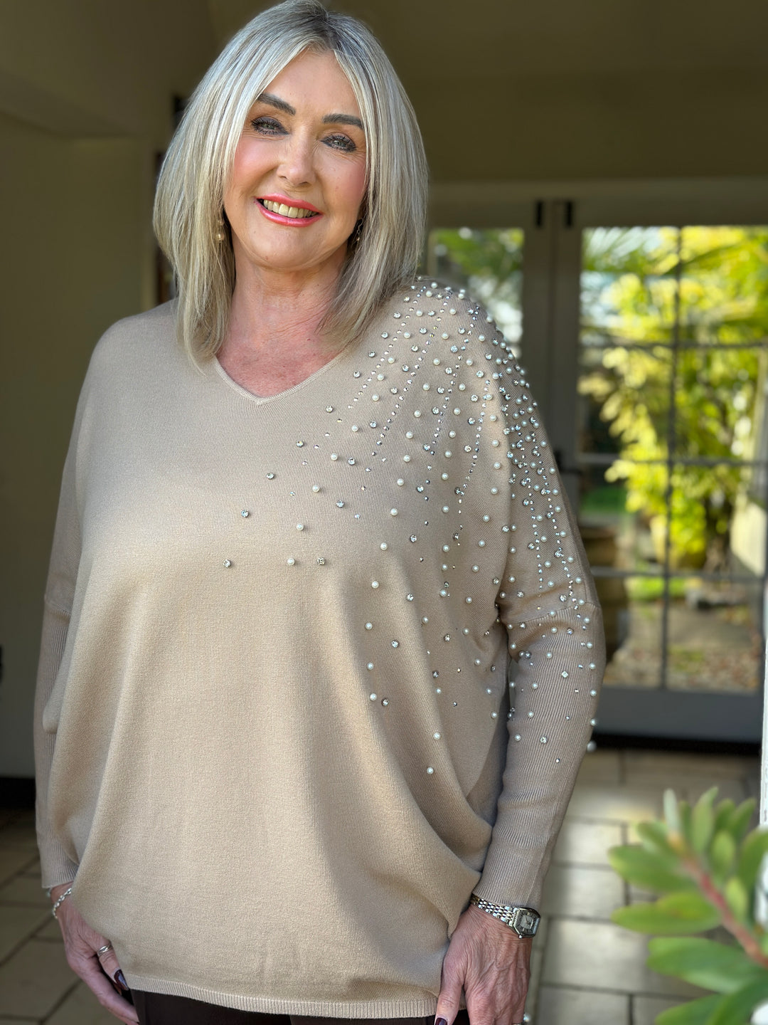 Pearl & Diamante Starburst Jumper | Camel