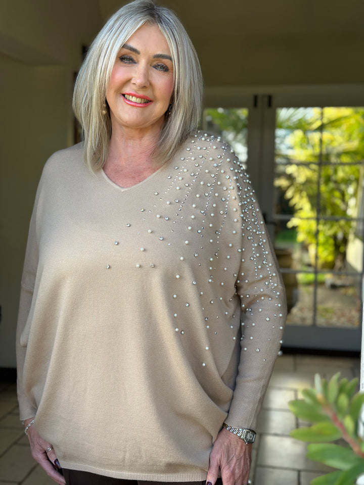 Pearl & Diamante Starburst Jumper | Camel
