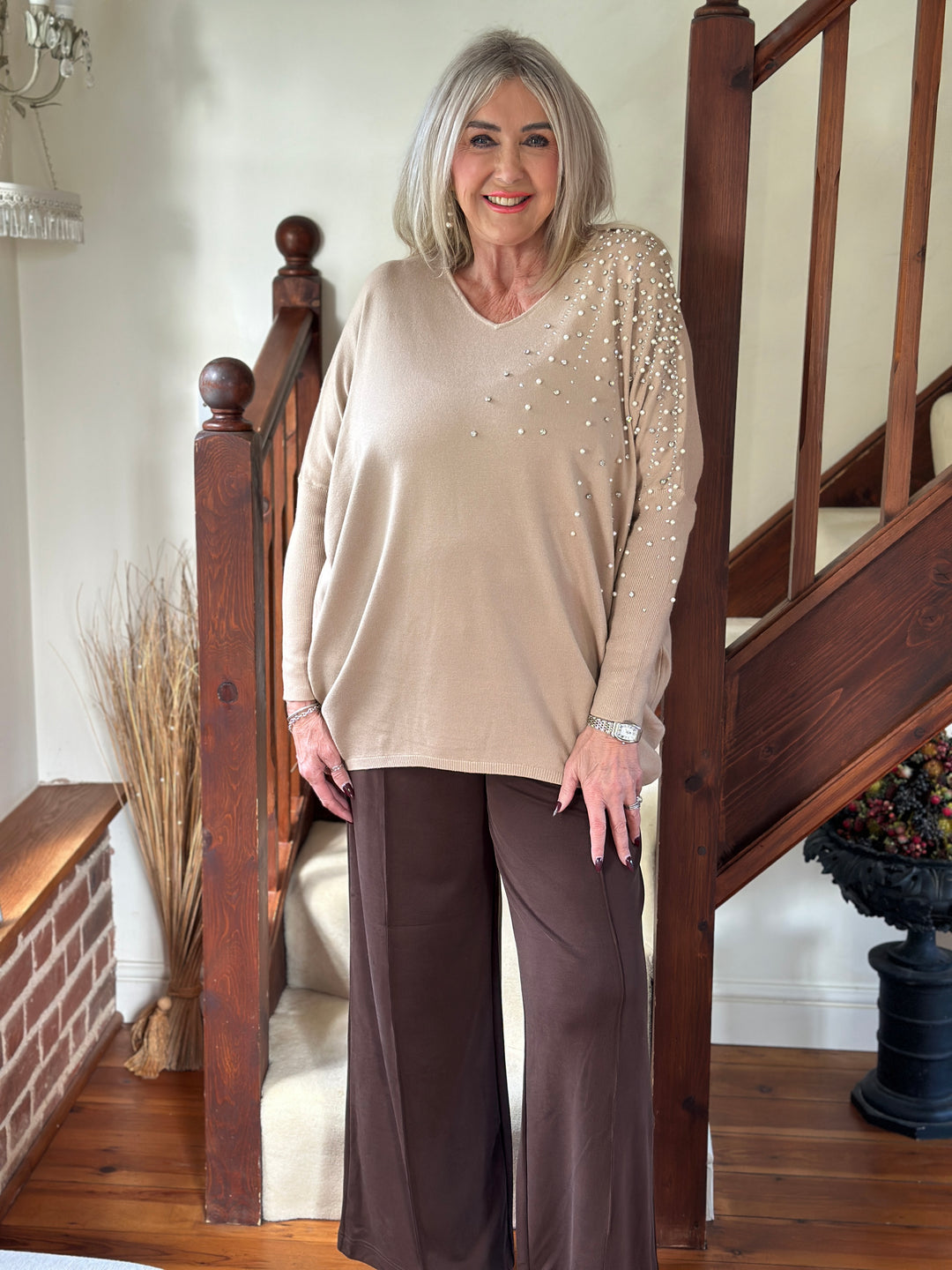 Pearl & Diamante Starburst Jumper | Camel
