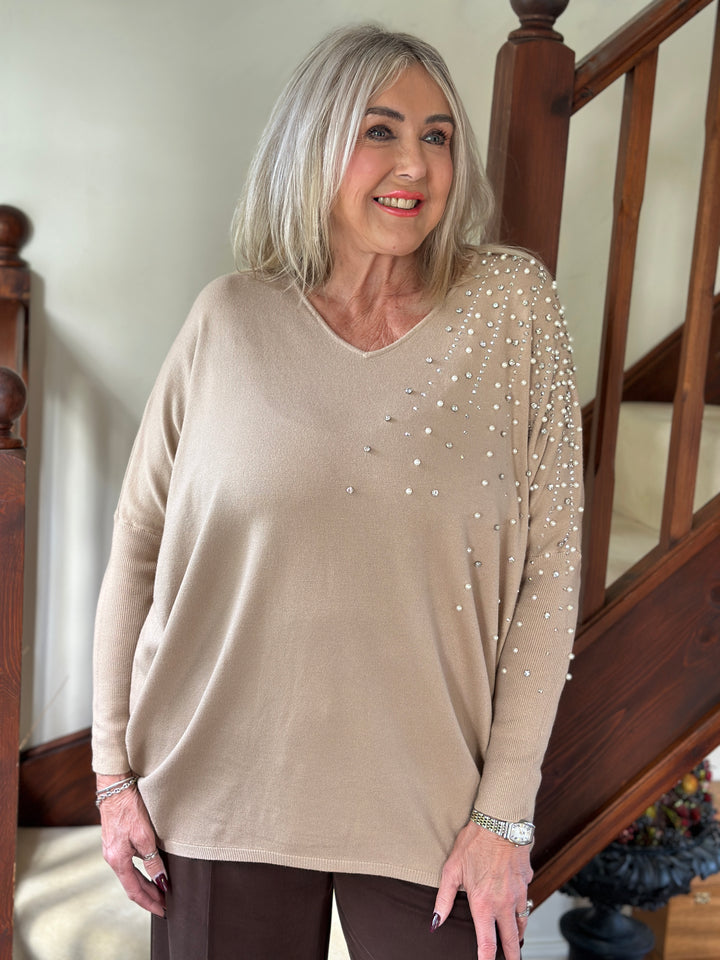 Pearl & Diamante Starburst Jumper | Camel