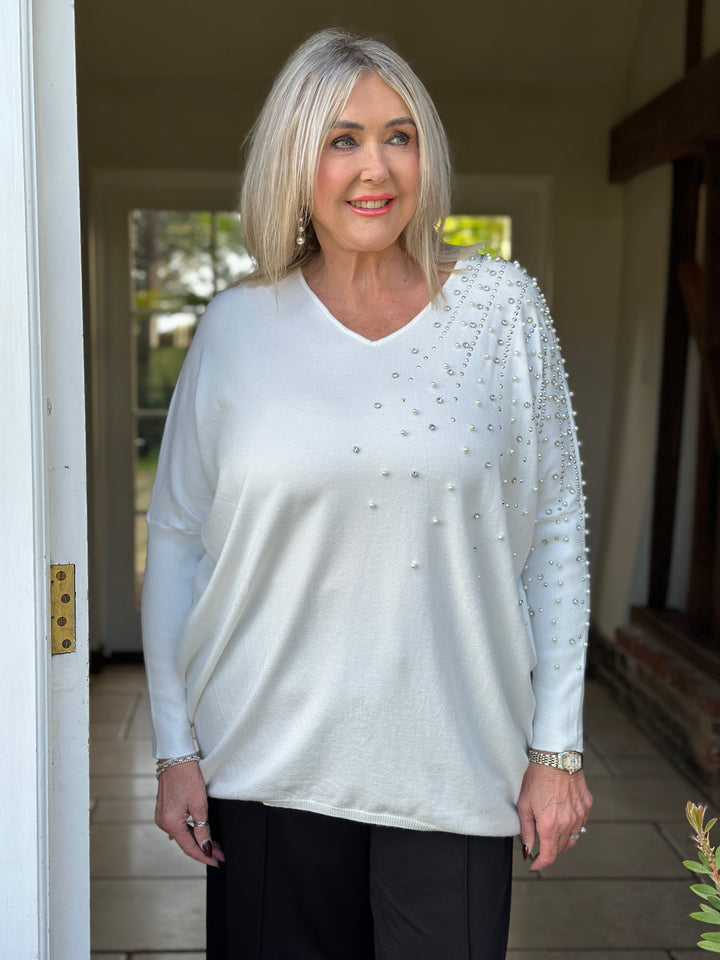 Pearl & Diamante Starburst Jumper | Ivory