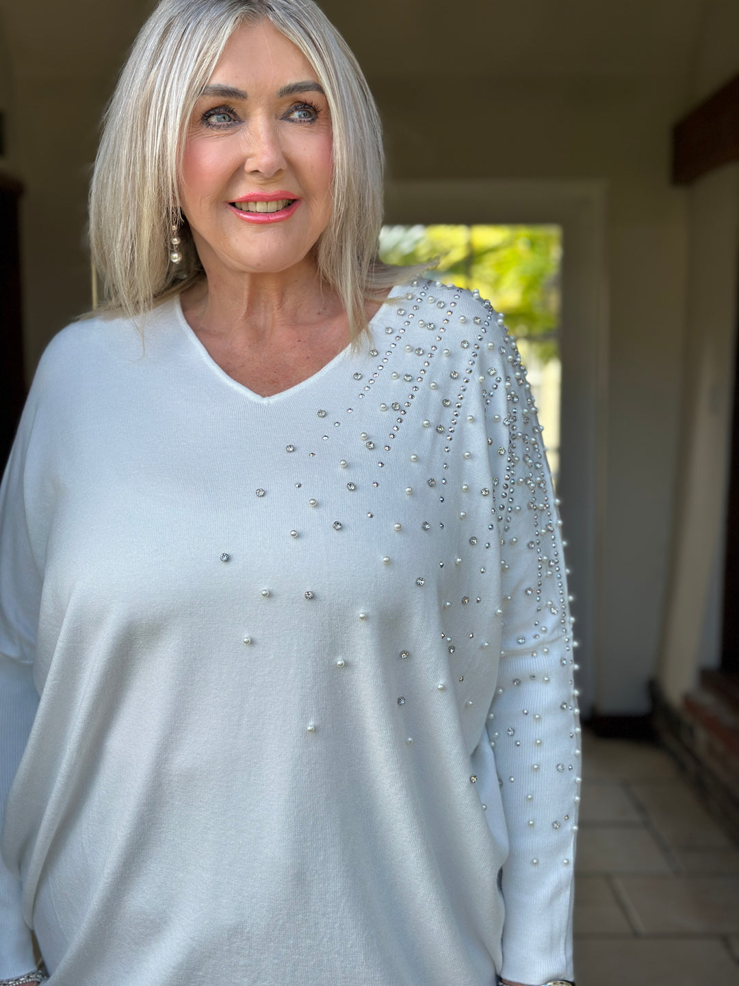 Pearl & Diamante Starburst Jumper | Ivory