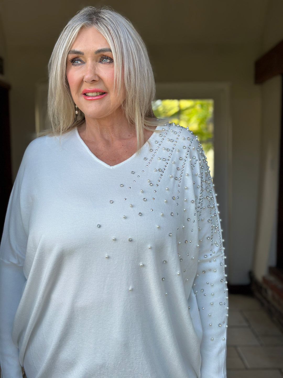 Pearl & Diamante Starburst Jumper | Ivory