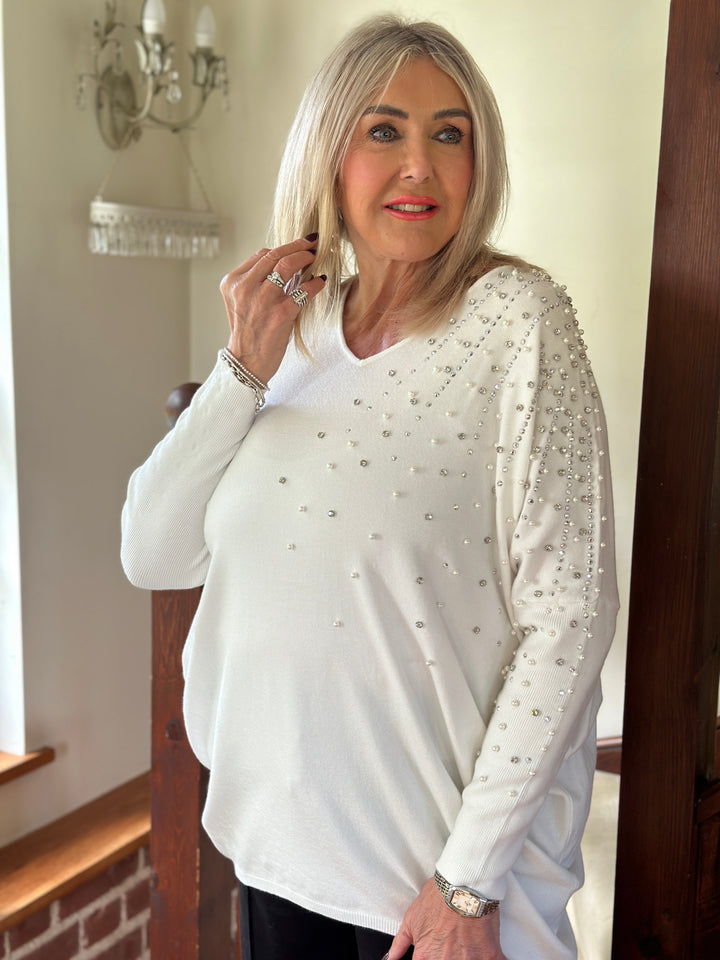 Pearl & Diamante Starburst Jumper | Ivory