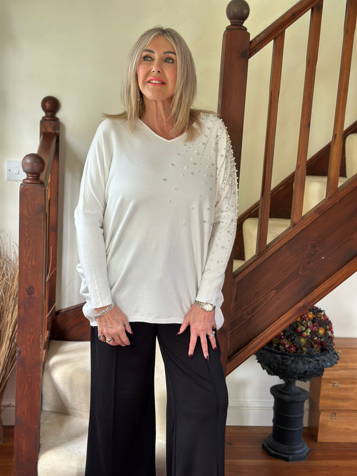 Pearl & Diamante Starburst Jumper | Ivory