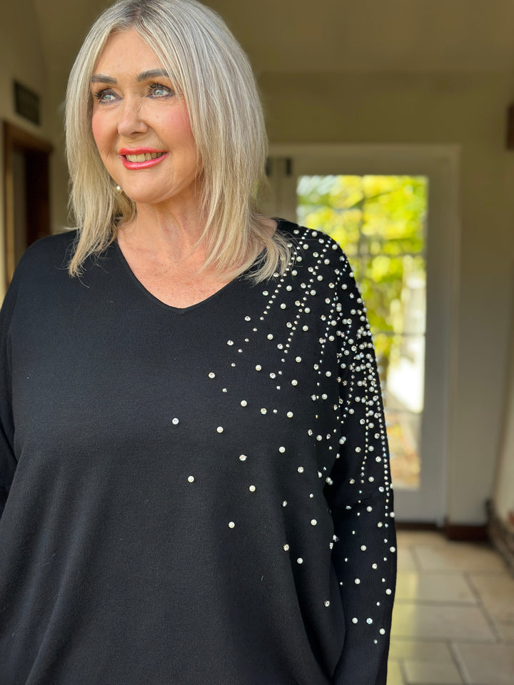 Pearl & Diamante Starburst Jumper | Black