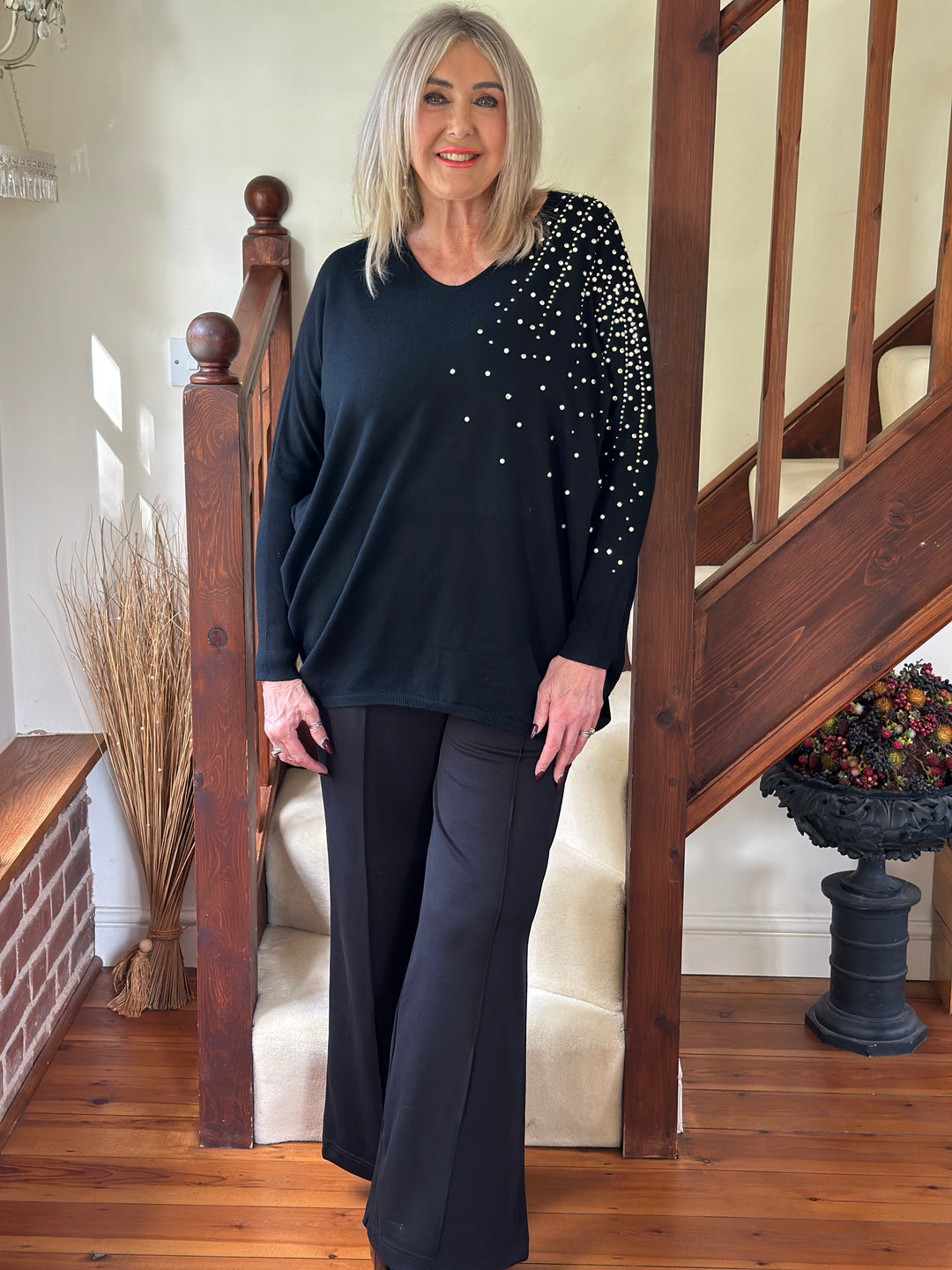 Pearl & Diamante Starburst Jumper | Black
