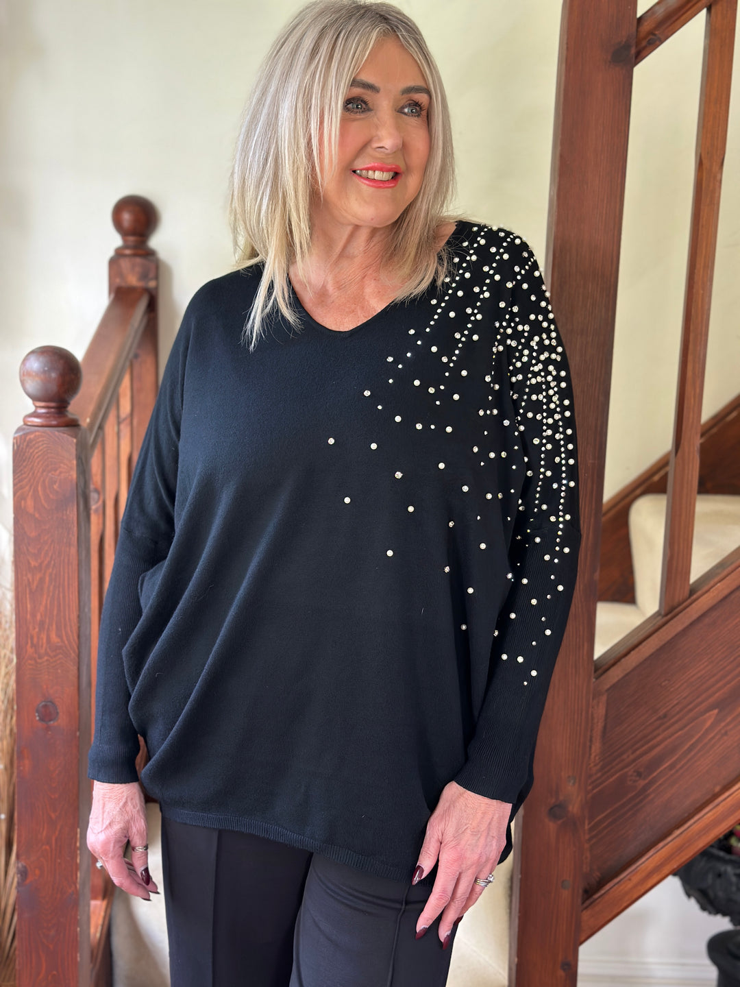 Pearl & Diamante Starburst Jumper | Black