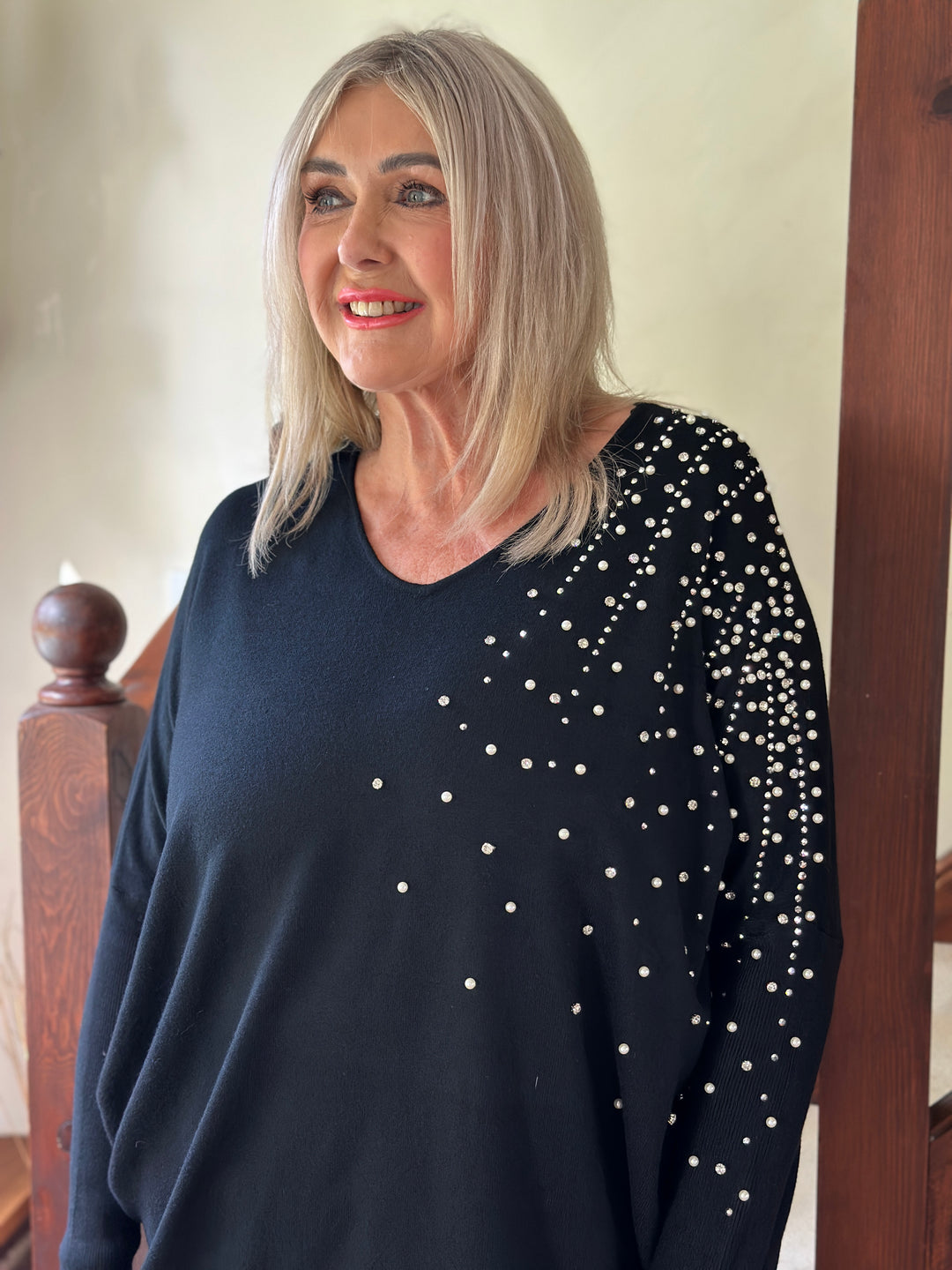 Pearl & Diamante Starburst Jumper | Black