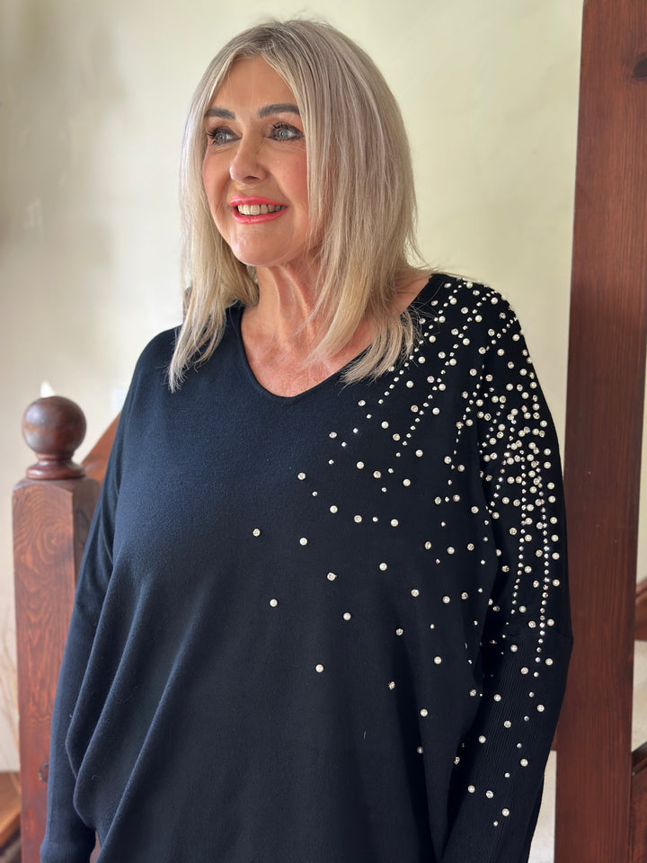 Pearl & Diamante Starburst Jumper | Black