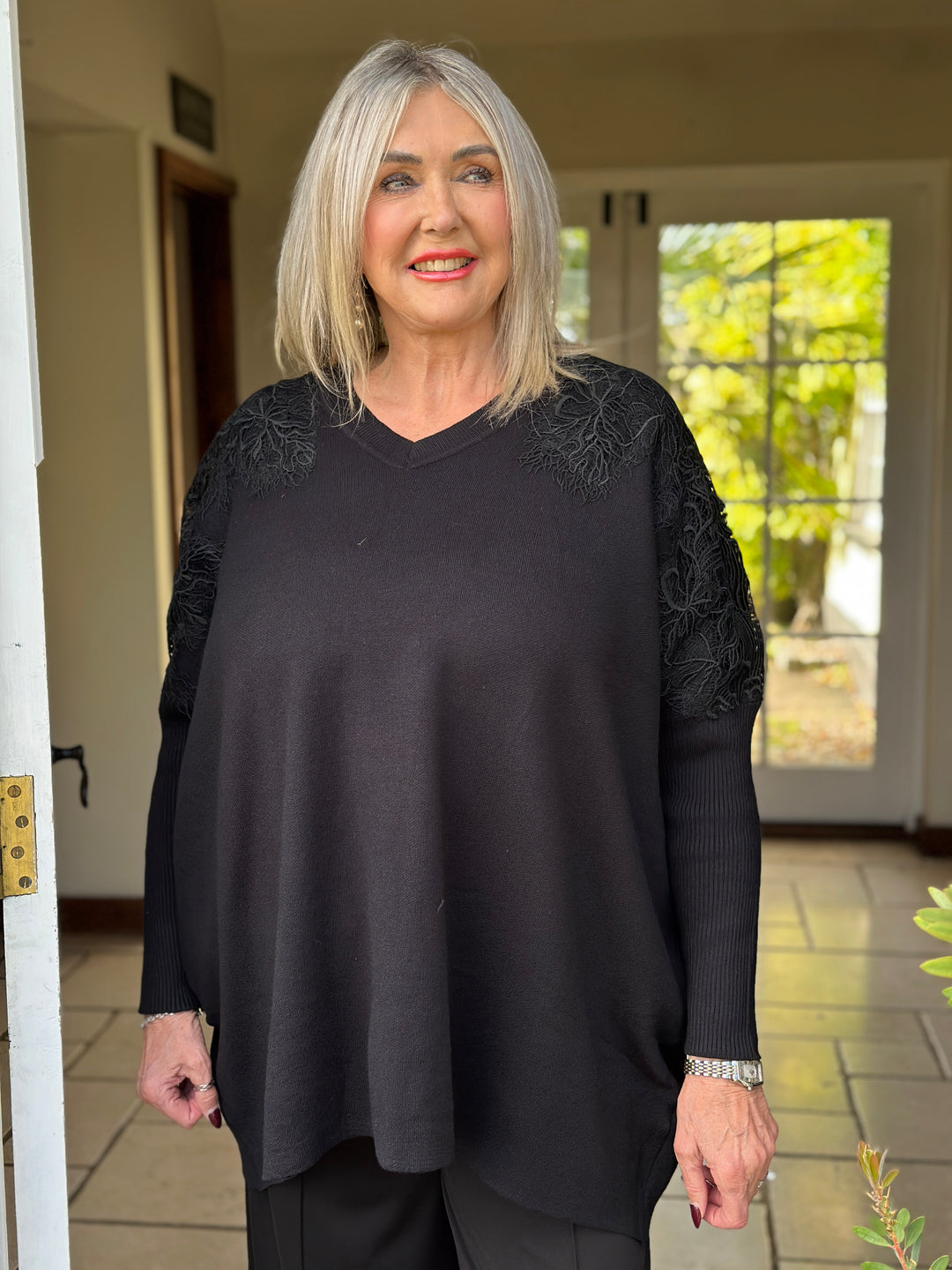 Floral Lace Batwing Jumper | Black