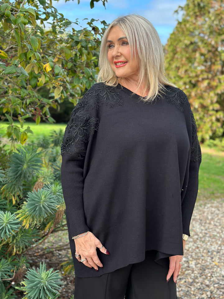 Floral Lace Batwing Jumper | Black