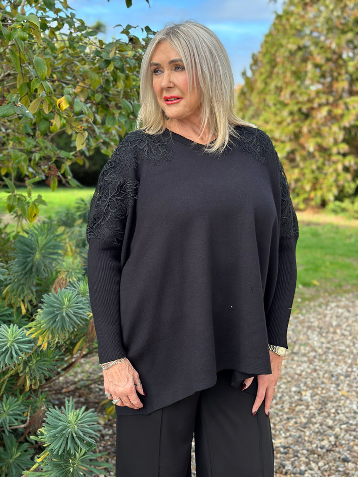 Floral Lace Batwing Jumper | Black