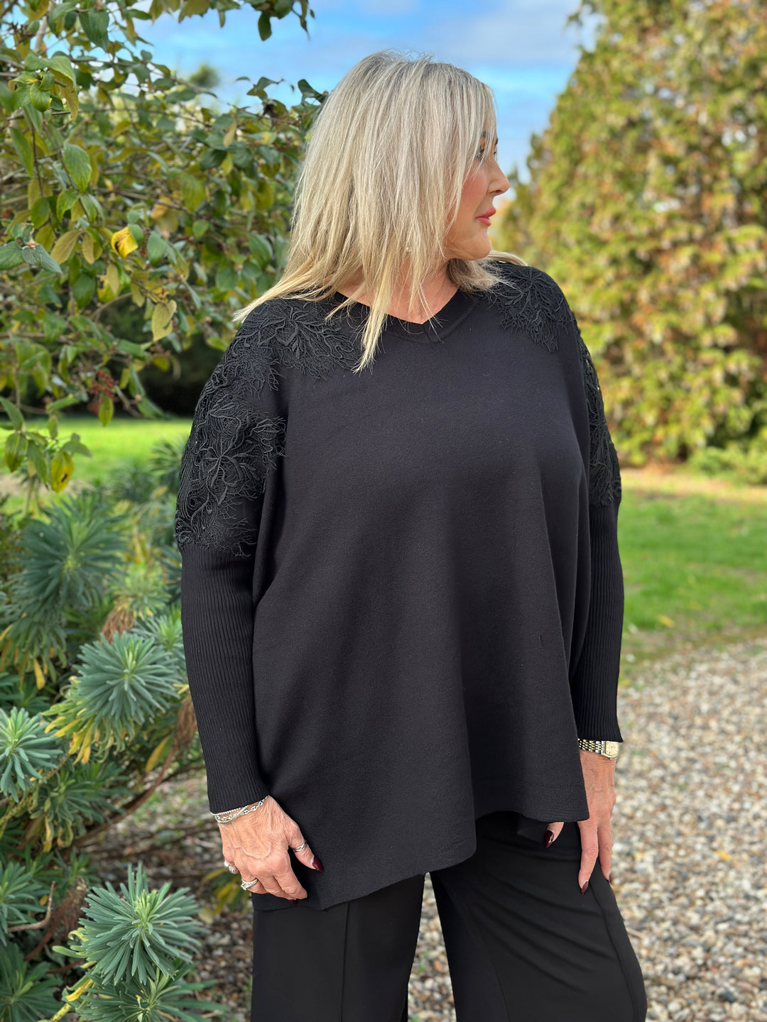 Floral Lace Batwing Jumper | Black