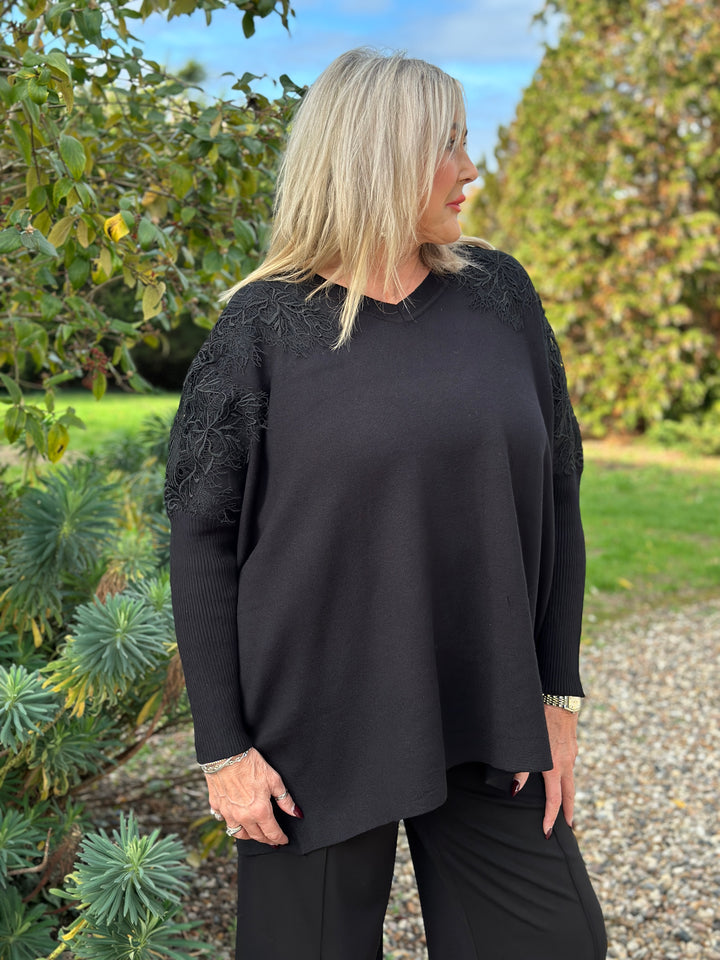 Floral Lace Batwing Jumper | Black