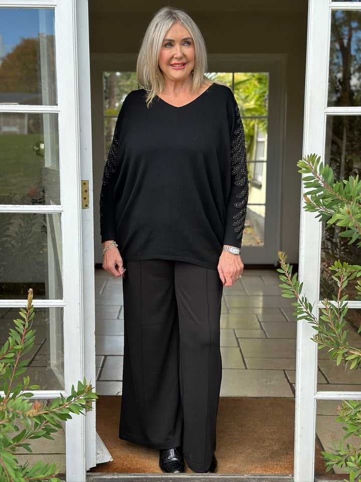 Palm Diamante Sleeve Jumper | Black