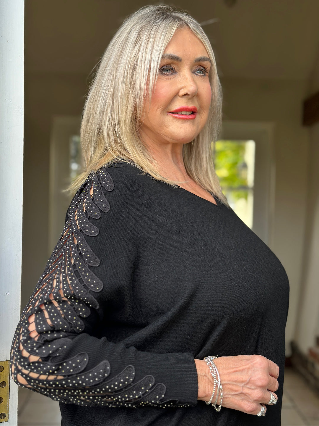 Palm Diamante Sleeve Jumper | Black