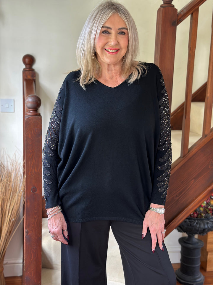 Palm Diamante Sleeve Jumper | Black