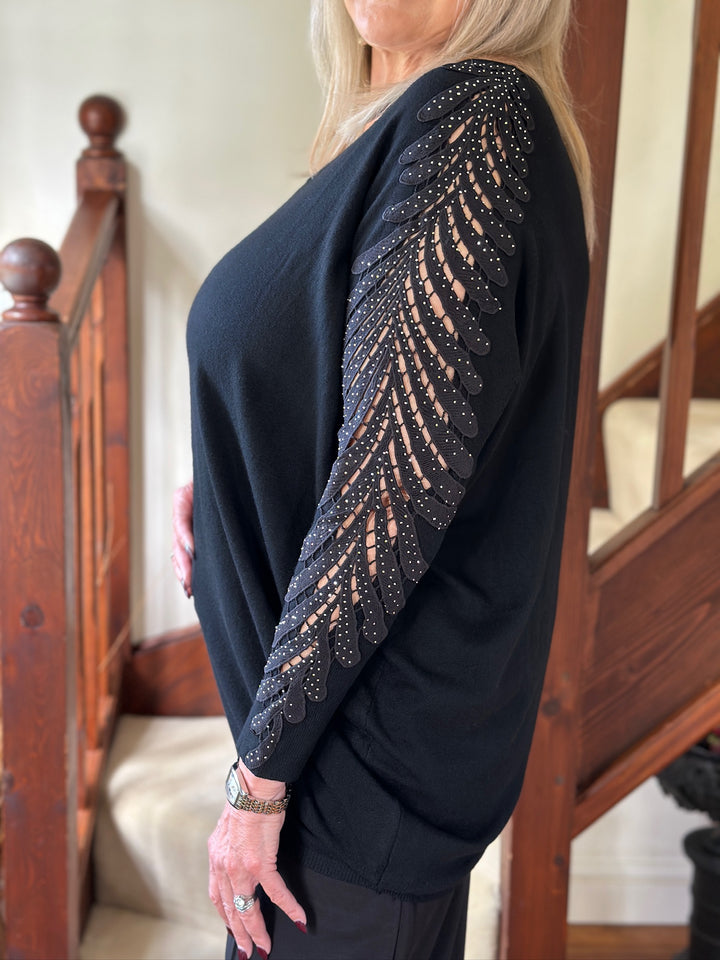 Palm Diamante Sleeve Jumper | Black