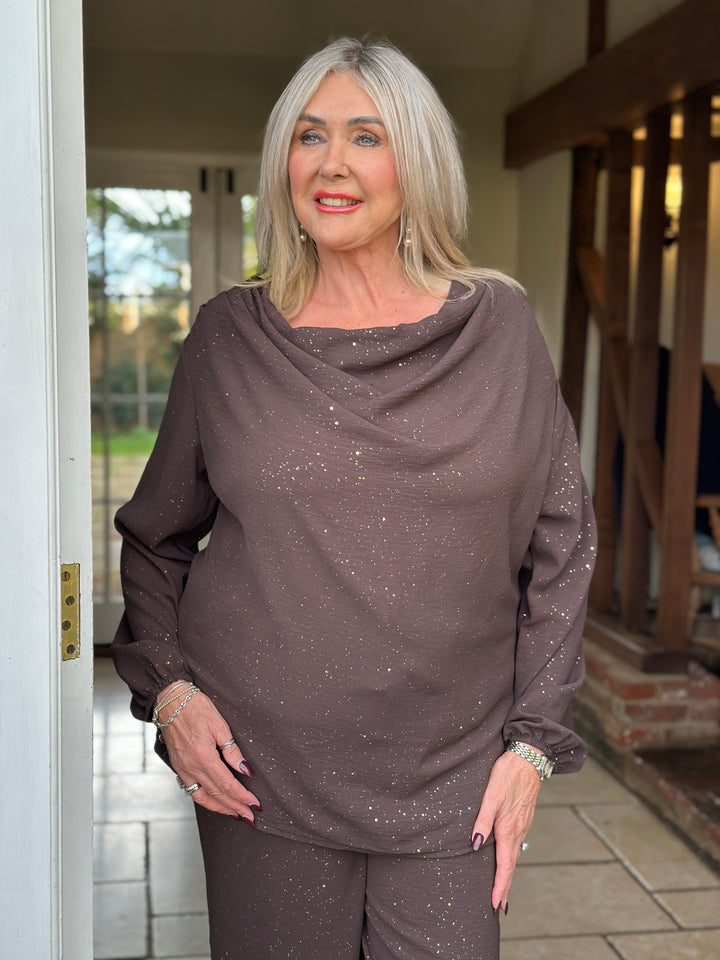Sparkle Cowl Neck Top | Chocolate Brown