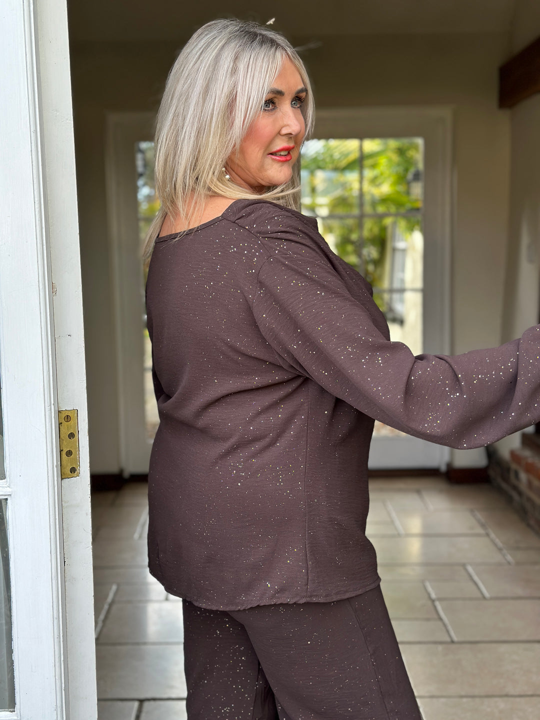Sparkle Cowl Neck Top | Chocolate Brown