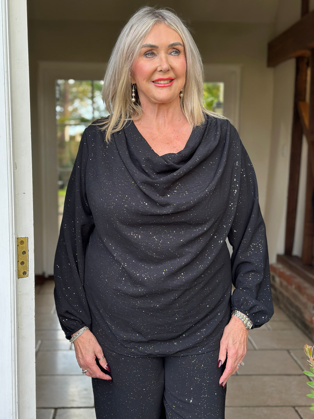 Sparkle Cowl Neck Top | Black