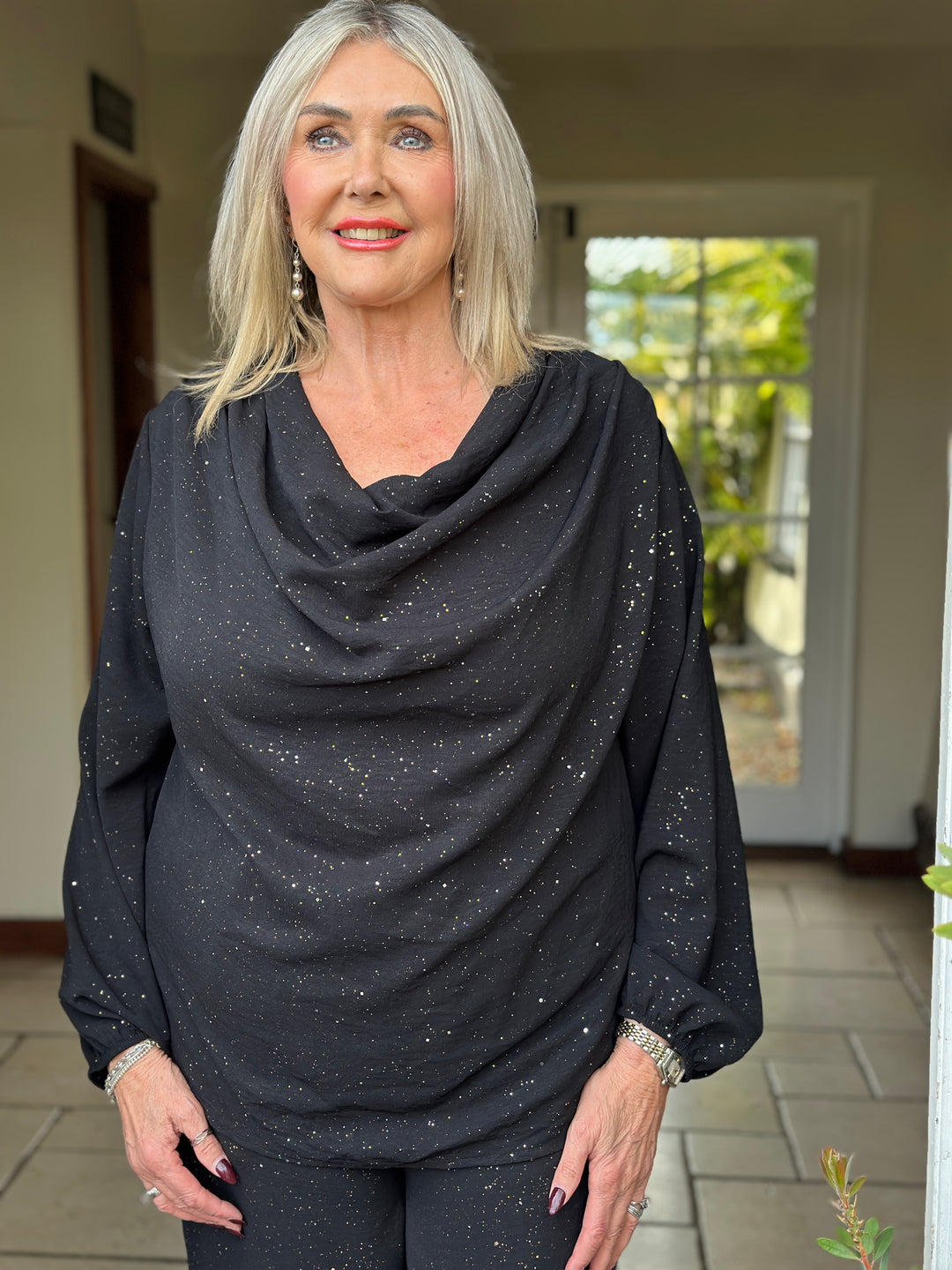 Sparkle Cowl Neck Top | Black