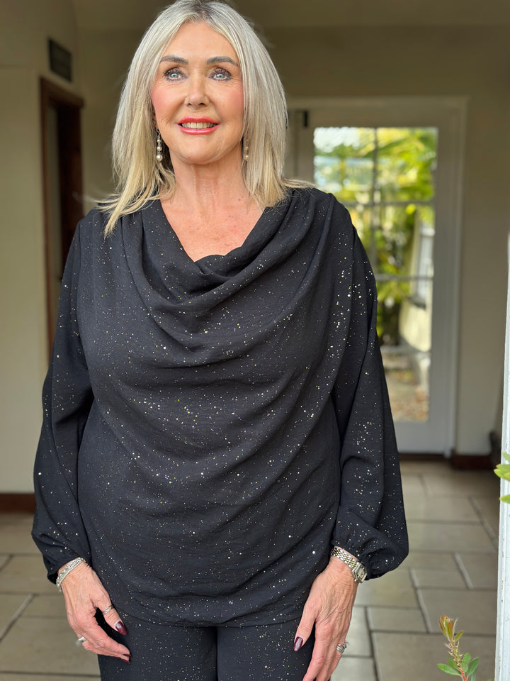 Sparkle Cowl Neck Top | Black