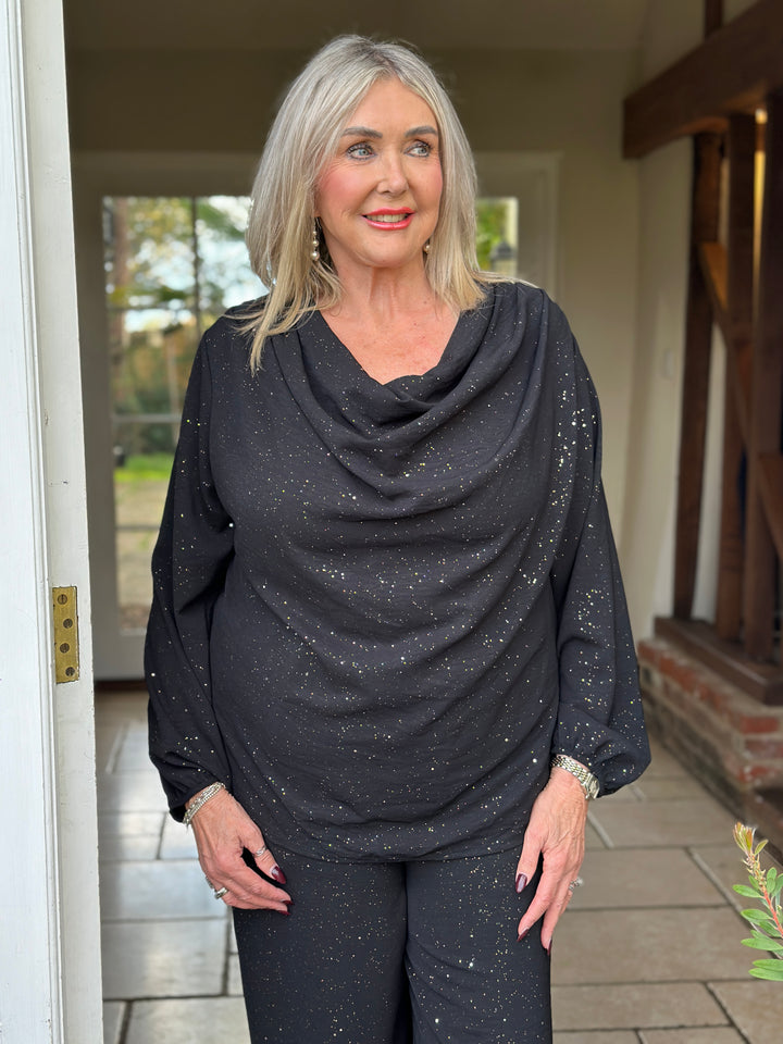 Sparkle Cowl Neck Top | Black